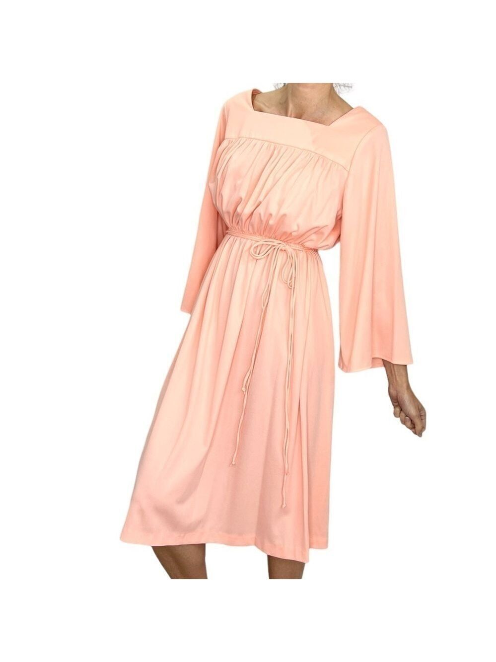 Vintage bell sleeve square neck double knit peach midi dress